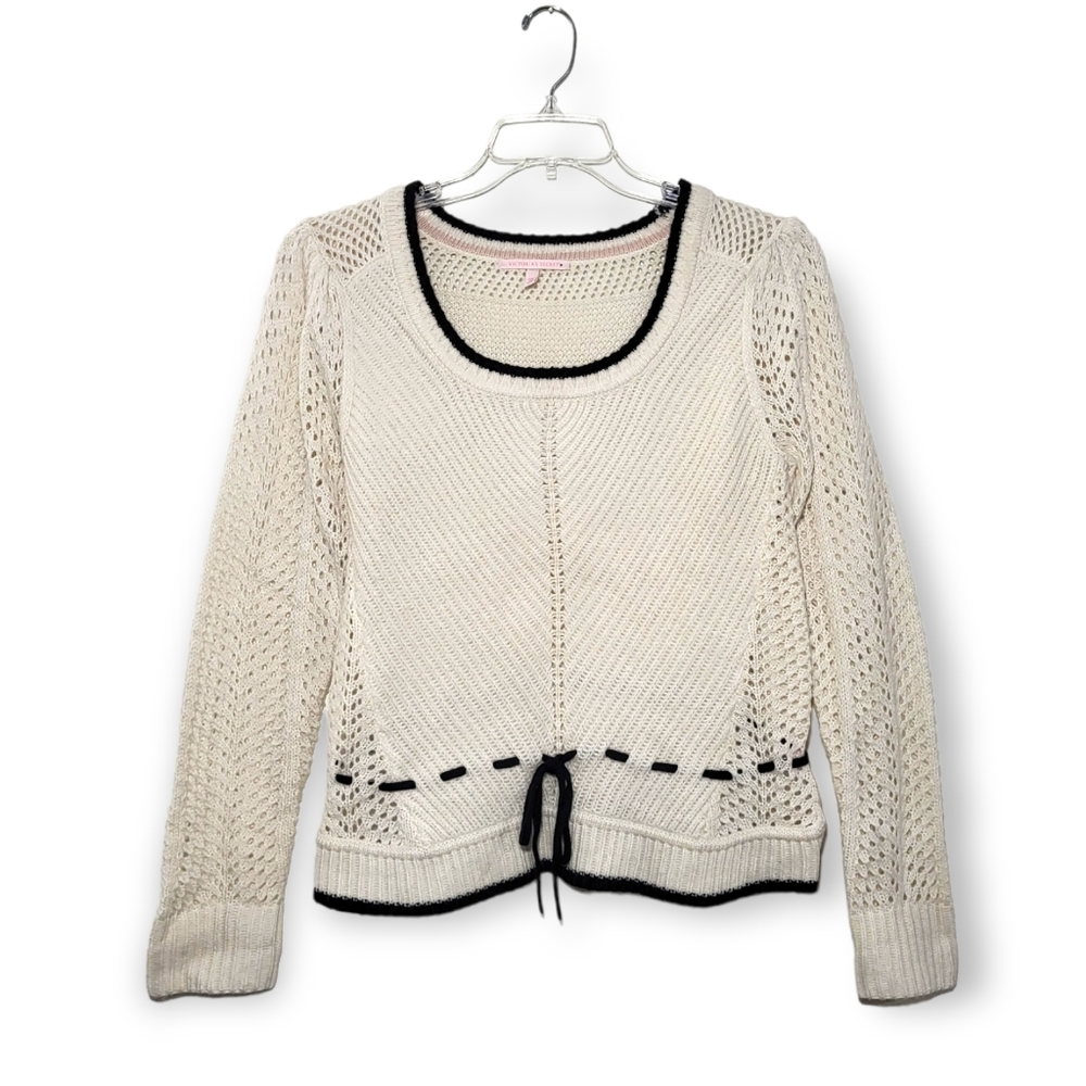 Victoria's Secret Wool Blend Knit Crochet Sweater Top Creme Black Pink Large